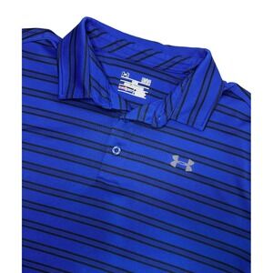 Under Armour Mens Large Blue Striped Polo Shirt Loose‎ Heat Gear Golf Outdoors